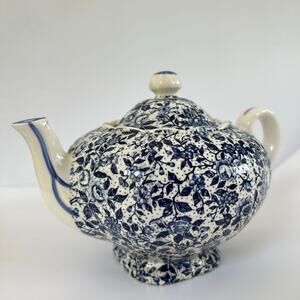 Small Blue White Spongeware Ceramic Teapot Vintage Cottage Decor